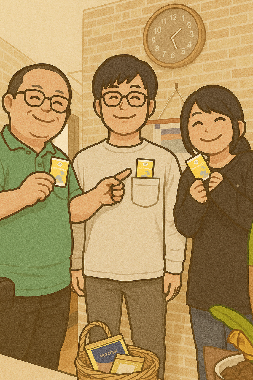 笑顔の三人とビジネスカード